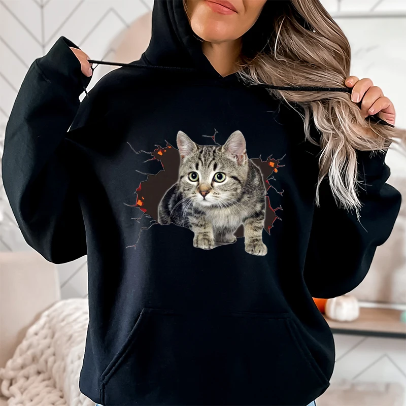 Fashion Cat Style Hoodies Pullover Women Printed Casual Sport Outdoor Pocket Long Sleeve Hooded Sweatshirts Coat