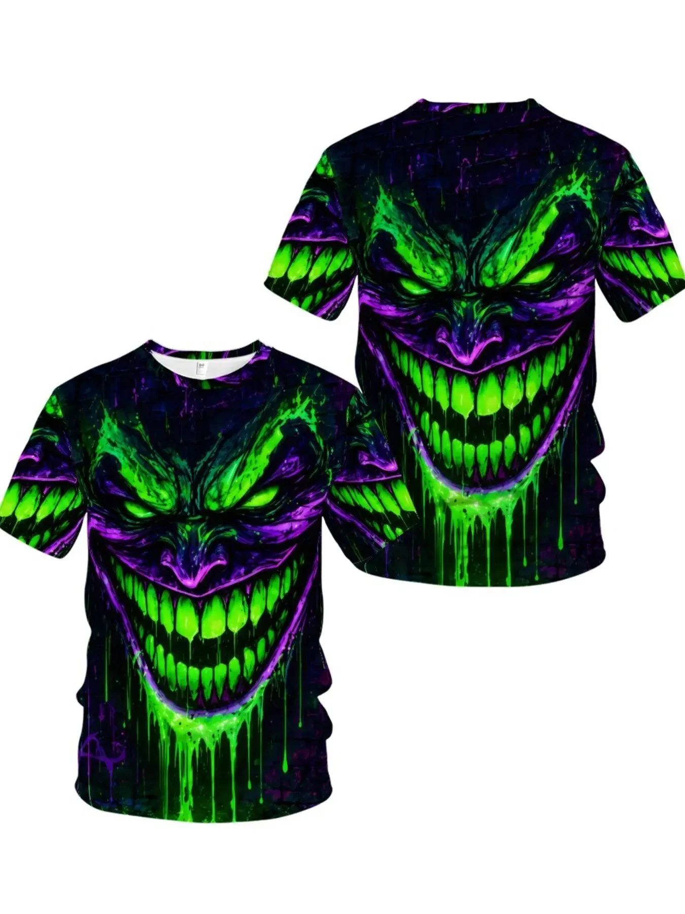 Unisex Y2K Streetwear Horror Clown Full Print Crew Neck T‑Shirt, Creepy Festival Costume Casual Short Sleeve Halloween Gift