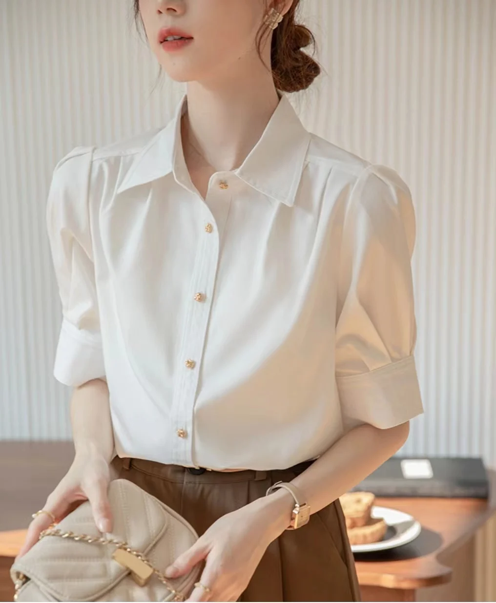 Summer Office Lady Short Sleeve Shirts Women\'s Solid Color Basic Blouse Korean Fashion Button Up Elegant Female Clothing Tops