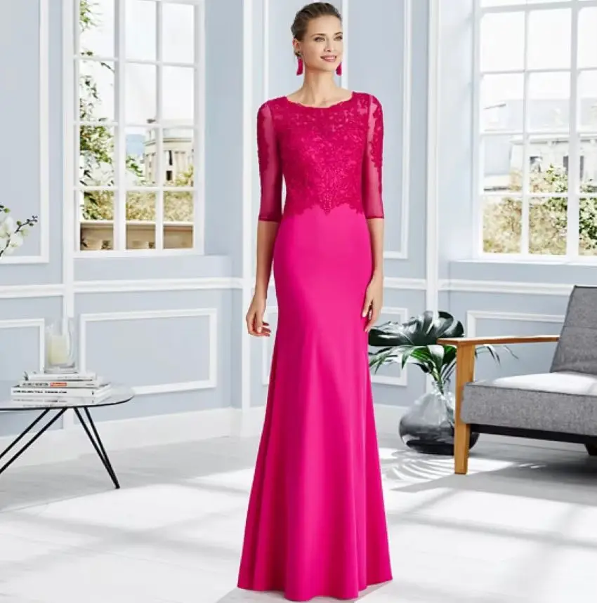 Jewel Neck 3/4 Sleeves Wedding Party Gowns Appliques Floor Length Robe De Soirée Femme Hot Pink Mother of the Bride Dresses