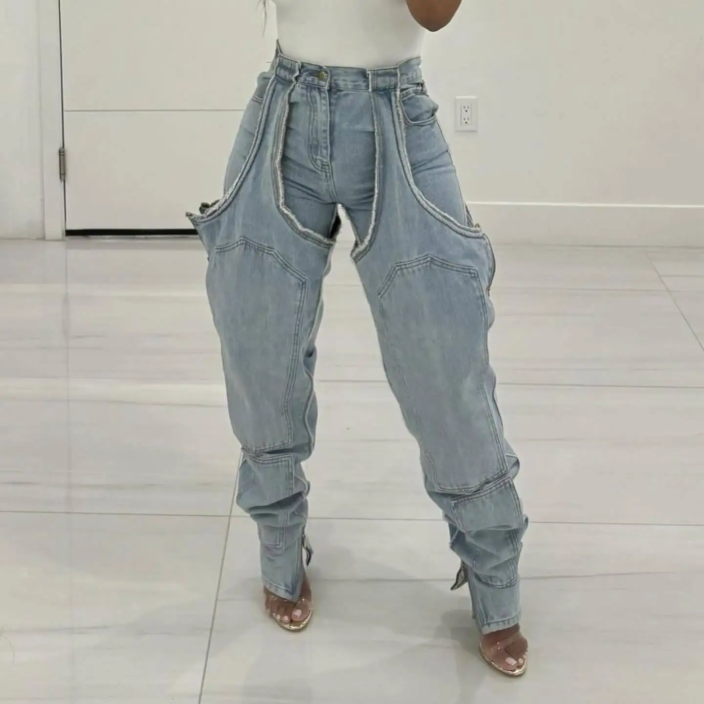 

Women Jeans Denim Straight Pants Hollow Out Zipper High Strecth Pockets Irregular Vintage Distressed Trousers Streetwear