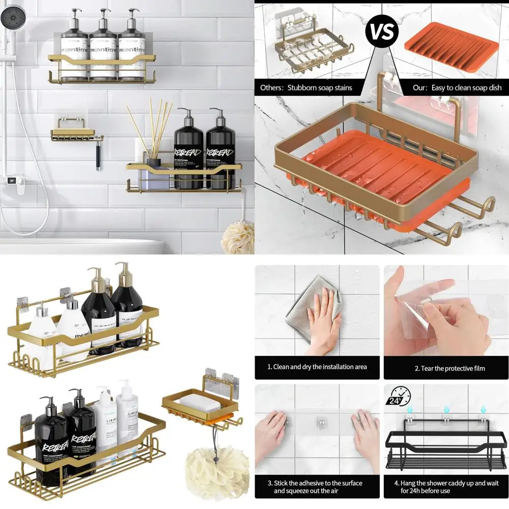 

3-Piece Shower Caddy with Soap Dish, Wall-Mounted, Self-Adhesive, No Drilling Required, Matte Gold