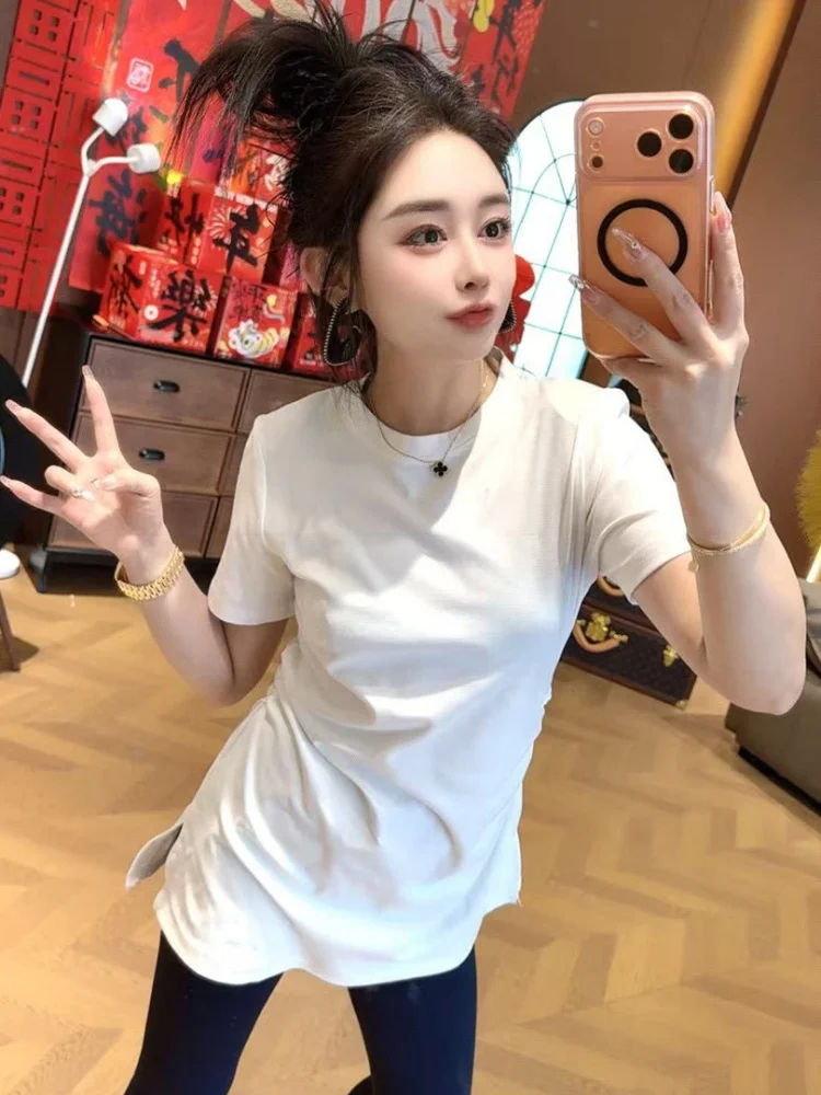 Simple White Asymmetrical Loose Women's T-shirt Short Sleeve Tag Removed Commute Style Korean Version Slim Fit Summer Top