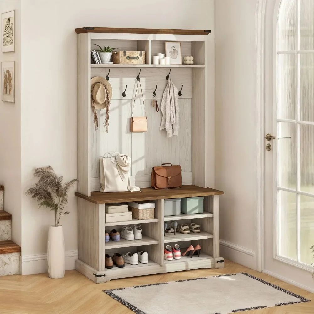 

Hall Tree with Bench and Shoe Storage, Farmhouse Entryway Bench with Coat Rack, Entrance Organizer with 10 Hooks