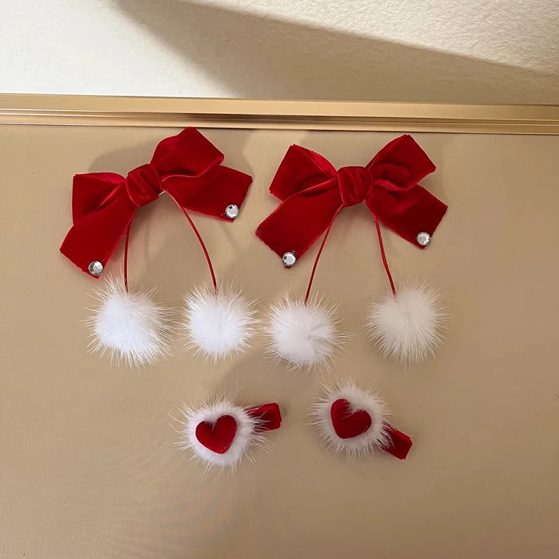 Red Velvet Bow Hairpins for Princess Girl Cute Pompom Heart Kids Autumn Winter Hair Clips Korean Sweet Clips New Year Headwear