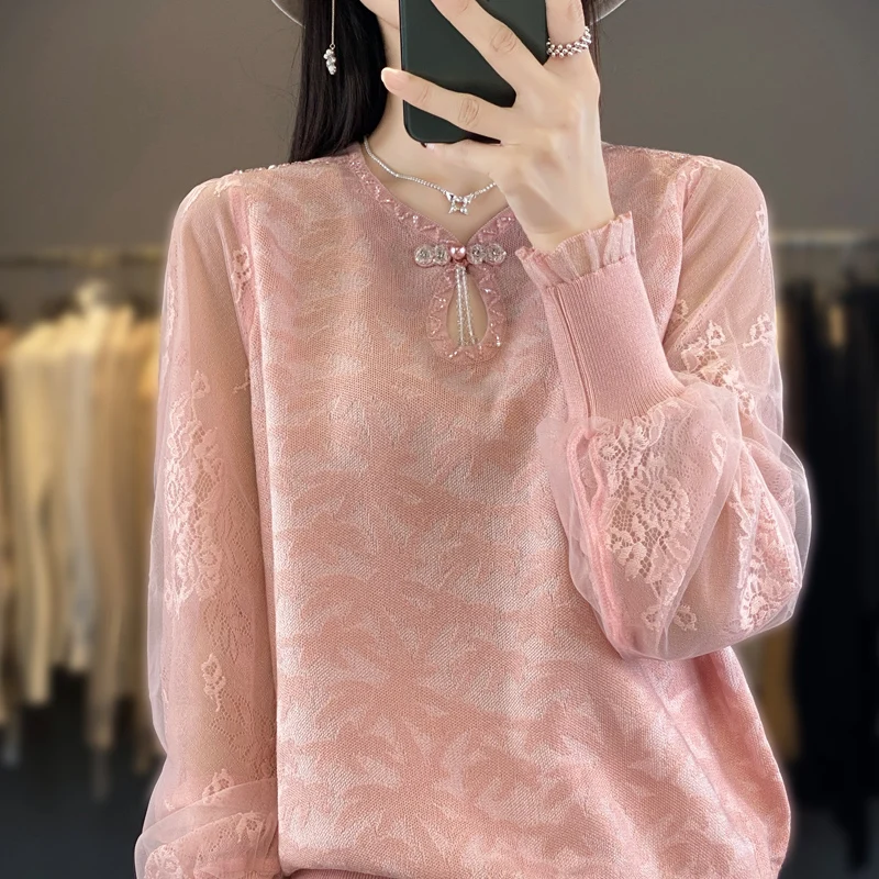 

2024 High end Luxury Spring/Summer New Lace Diamond 100% Woolen Sweater V-neck Knitted Bottom Sweater for Women