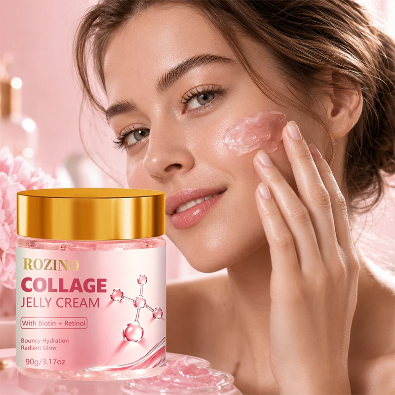 Rozino Moisturizing and Firming Jelly Cream, in a Translucent Jar with a Golden Round Lid, Has a Q-Elastic Jelly Texture, with Added Collagen, Biotin, and Retinol, Providing a Refreshing Touch, Instant Hydration, Non-Sticky Texture, and a Lifting Effect. It's Refreshing and Non-Sticky on the Skin, with an Instant Hydrating Effect and a Lifting Effect. It's Part of the Double Eleven Christmas Big Sale