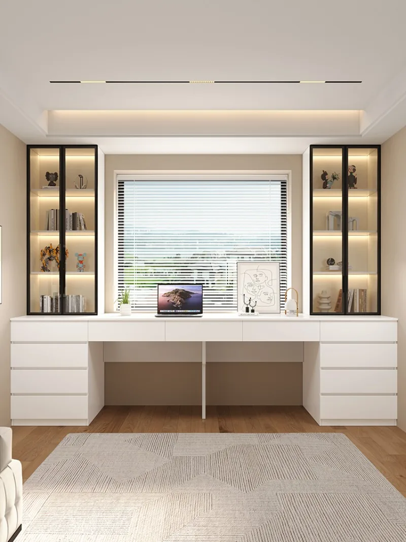 Solid wood double computer desk modern simple home office study table 2025 new integrated wall desk