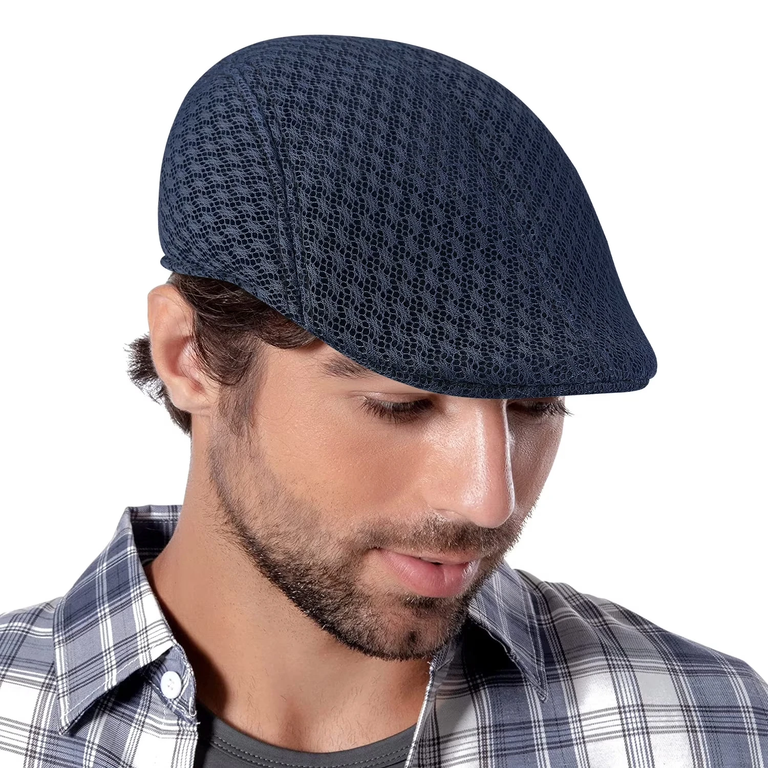 1pc Summer Casual Men Breathable Herringbone Newsboy Gatsby Cap Ivy Flat Hat Winter Adjustablr Golf Cap Cabbie Driving Navy Blue