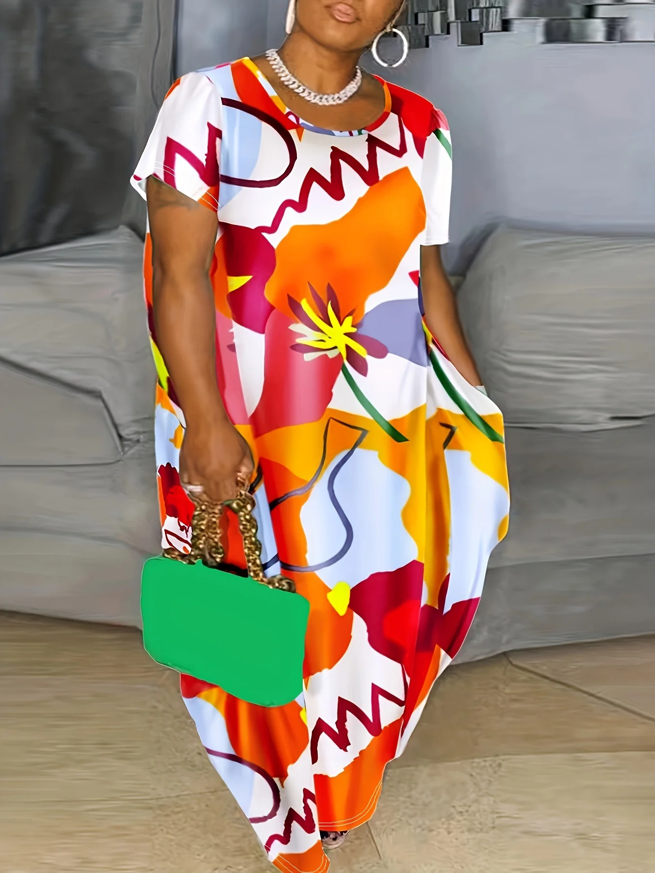 

Women's Casual Printed Round Neck Short Sleeve Plus Size Dress