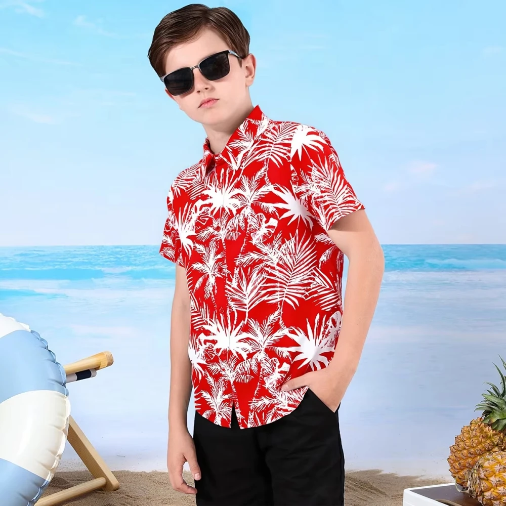 Hawaiian Children's Shirt Plant Flower Pattern Print Kids's Short Sleeved Shirt Holiday Seaside Tops Outdoor Children's Clothing
