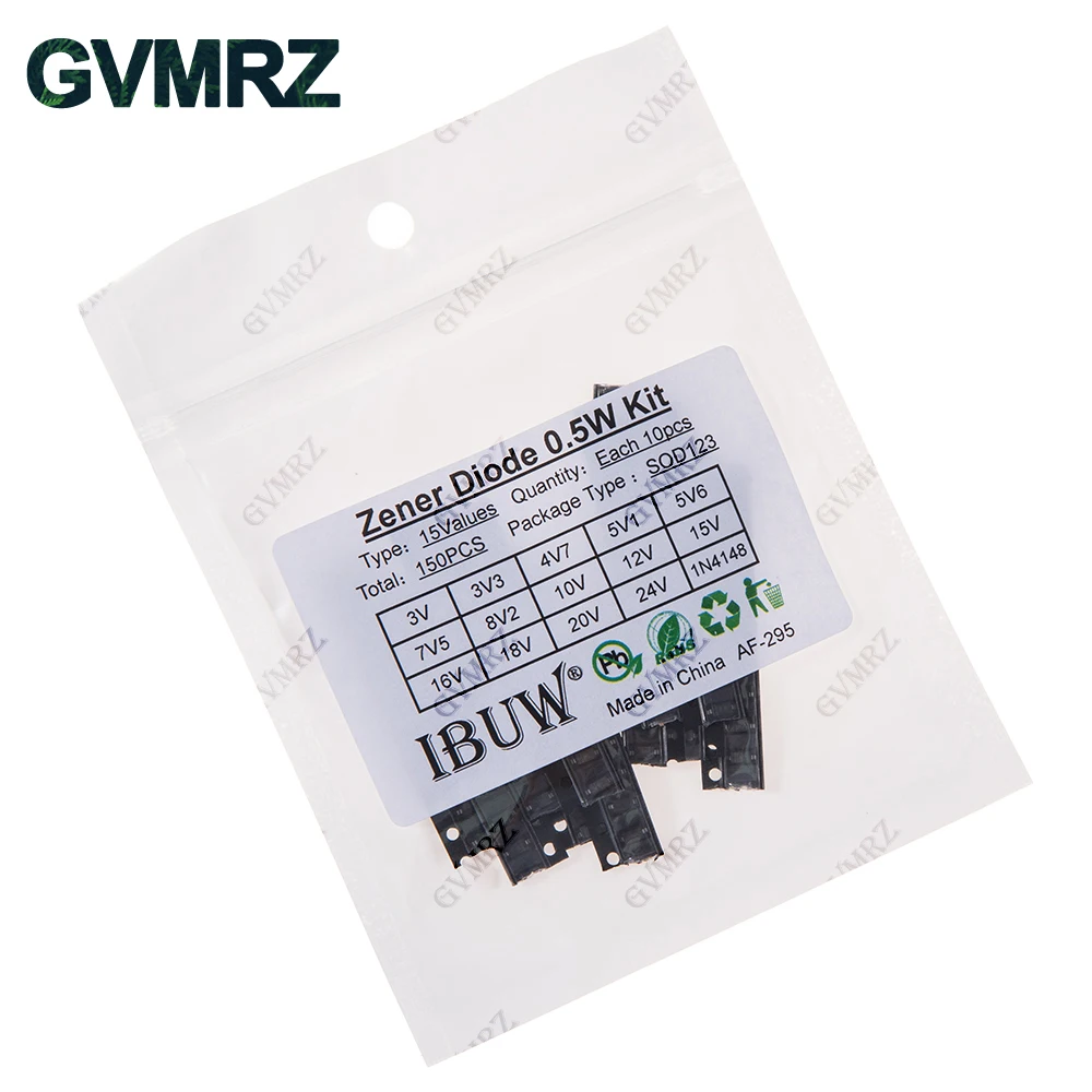 150PCS 15Values 0.5W Zener Diode Kit 3V-24V 1N4148 SOD123 for Voltage Regulation Projects