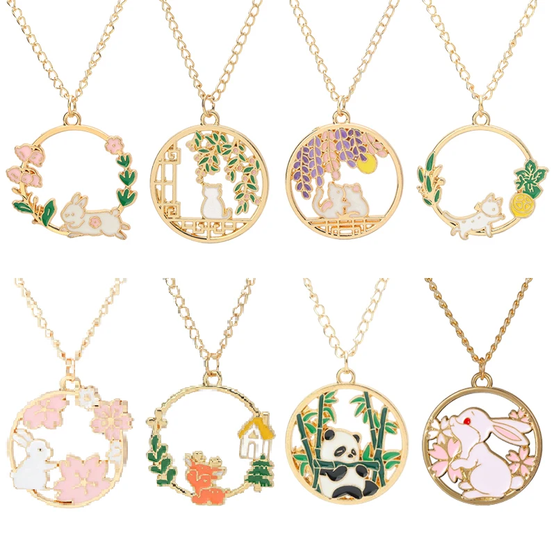 Cute Cartoon Necklace Sakura Bunny Cat Panda Hollow Fashion Creative Garland Pendant Ladies Girls Jewelry Accessories DIY Gift