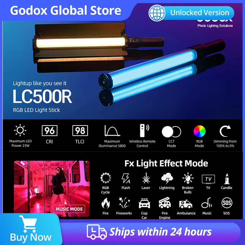 

Godox LC500R 2500K-8500K Bi-Color Full Color RGB LED Light Stick Lighting Effects CRI 96 TLCI 98 with Barndoor & Portable bag