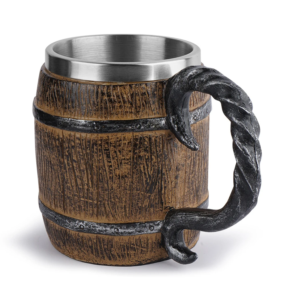 Stainless Steel Beer Mug Resin Stainless Steel Barrel Coffee Cup Viking Style Double Wall Beer Jug Drinkware Kitchen Supplies