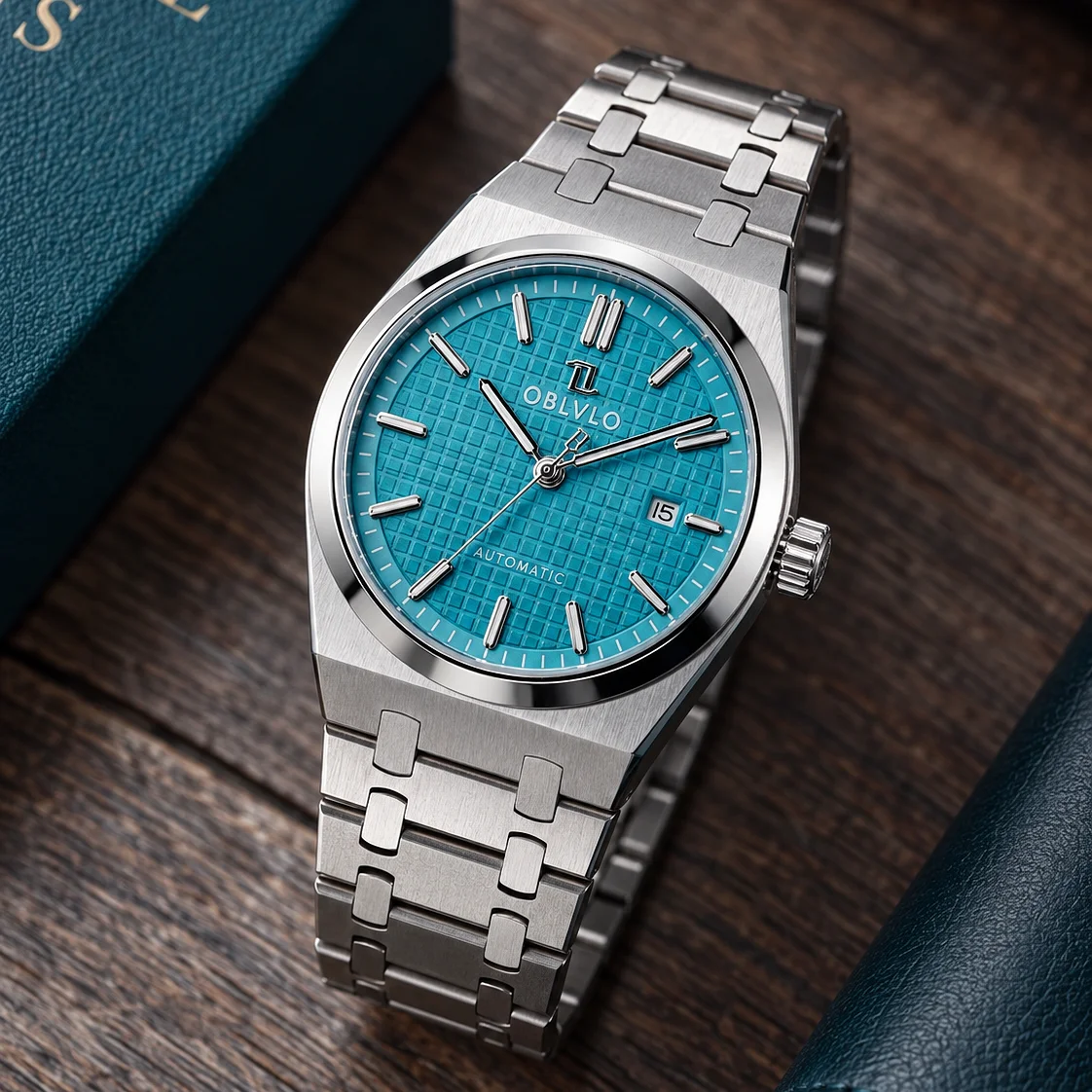 OBLVLO 316L Stainless Steel Automatic Men's Watch 41mm Blue Dial Luminous Hands Waterproof Mechanical Business Timepiece for Men