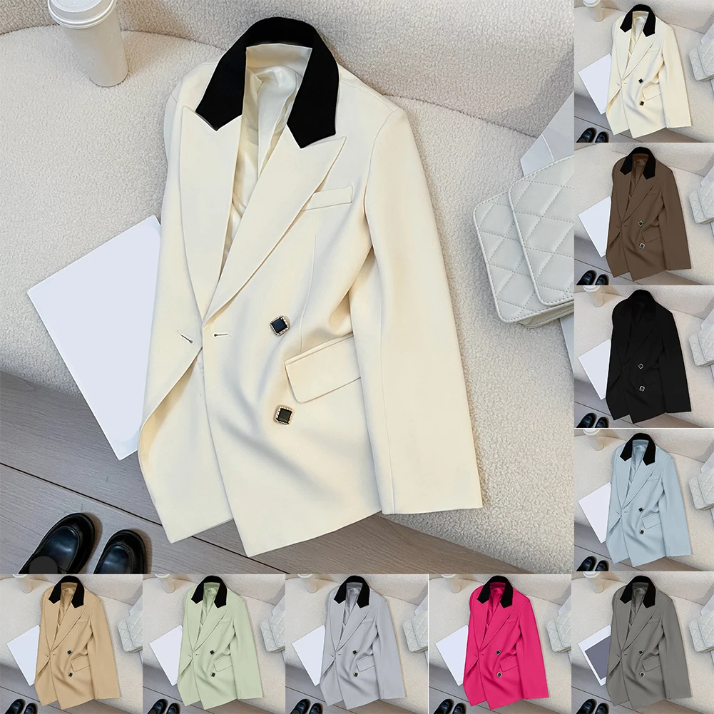 سترة بدلة بأكمام طويلة بلون سادة للنساء بتصميم كاجوال مع جيب بزر طية صدر السترة مناسبة لخريف وشتاء