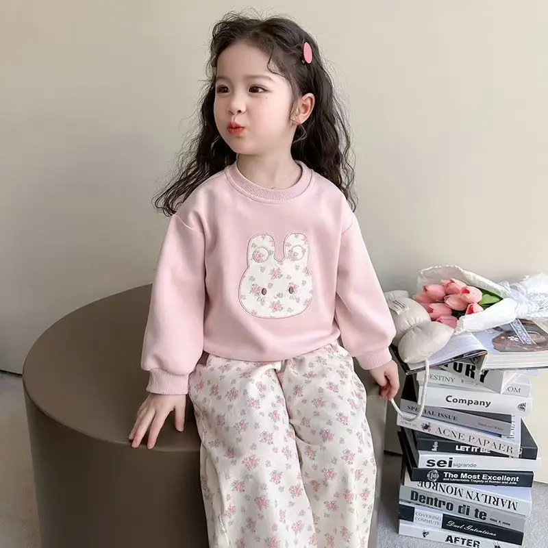 Girls' Clothing Set Spring and Autumn New Style Children's Korean Style Pink Sweater Floral Pattern Straight Pants Two-piece Set