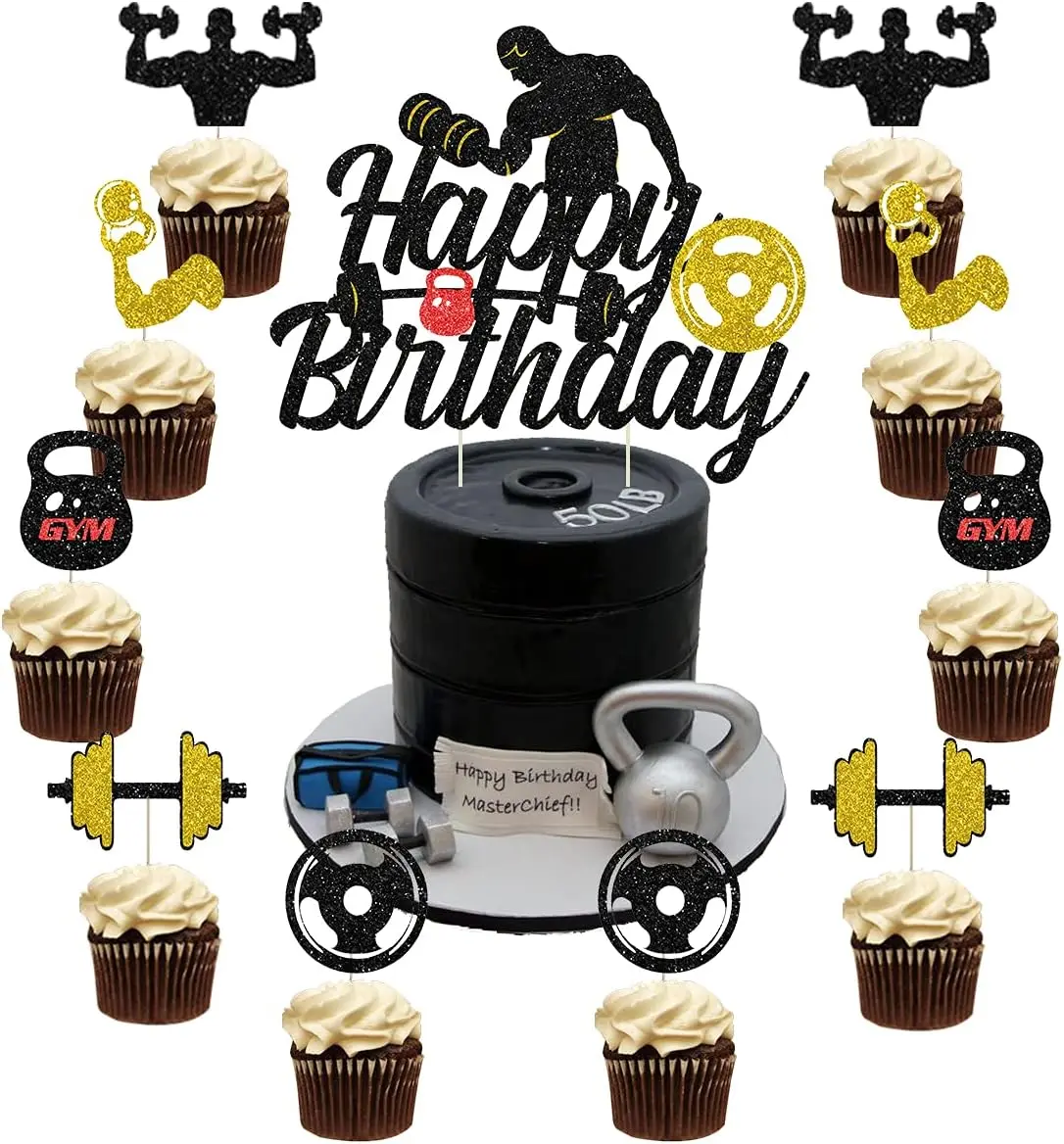 Gym Cake Decorations 25 Pcs Black and Gold Fitness Cake & Cupcake Toppers for Men Weight Lifting Gym Themed Birthday Party Decor