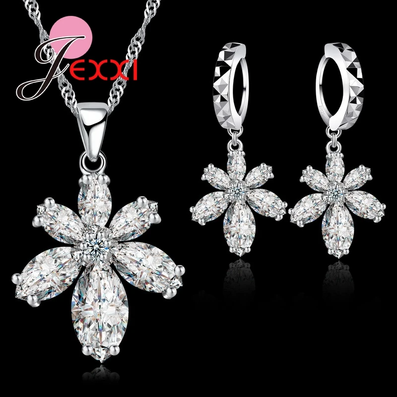 Cubic Zirconia Flower Snowflake Necklace Drop Earring 925 Sterling Silver Color Color Jewelry Set Bijoux Wedding Lover Gift