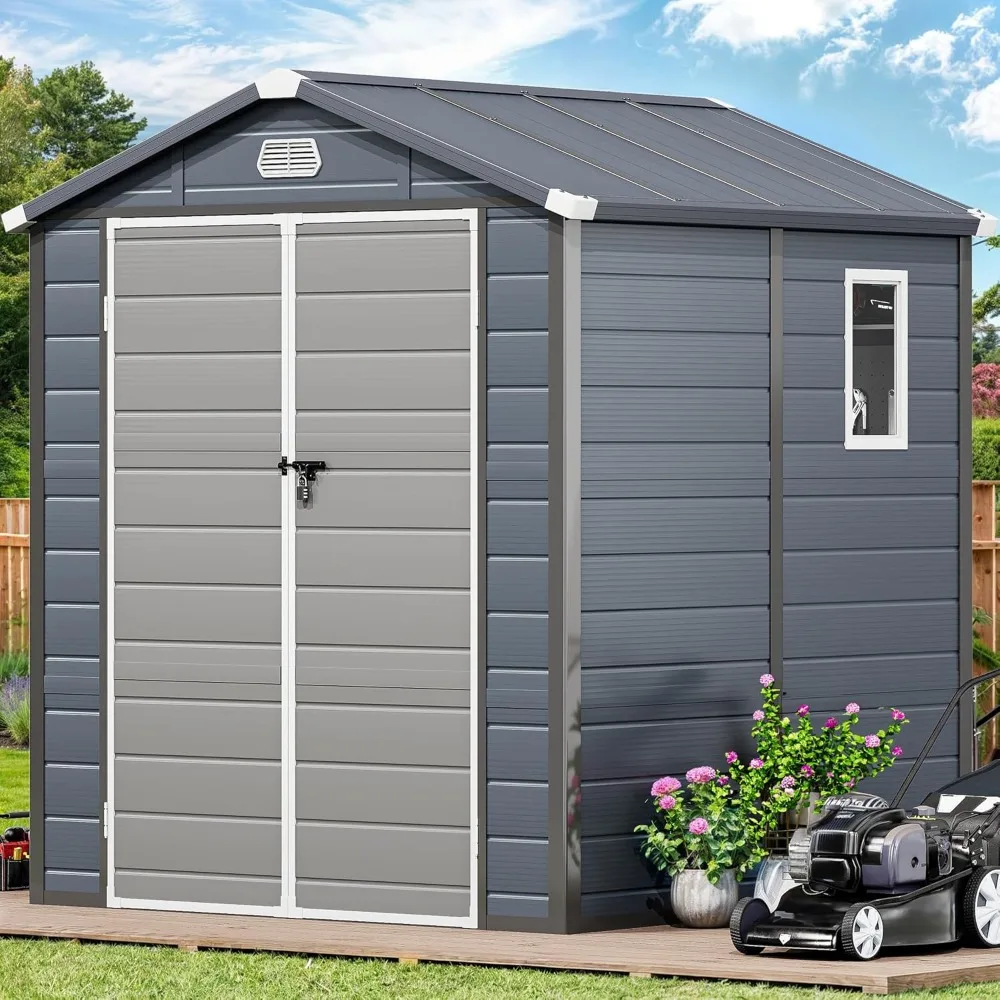

6x6FT Outdoor Storage Shed w/o Floor, All-Weather Plastic Shed with Lockable Doors, Window & Vents, Plastic Tool Shed for Backy