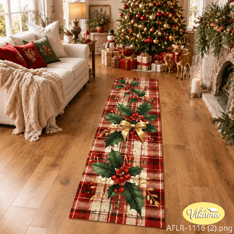 VIKAMA Christmas Cardinal Bird Holly Floor Runner Non Slip Durable Floor Mat for Bedroom Living Room Winter Holiday Home Decor