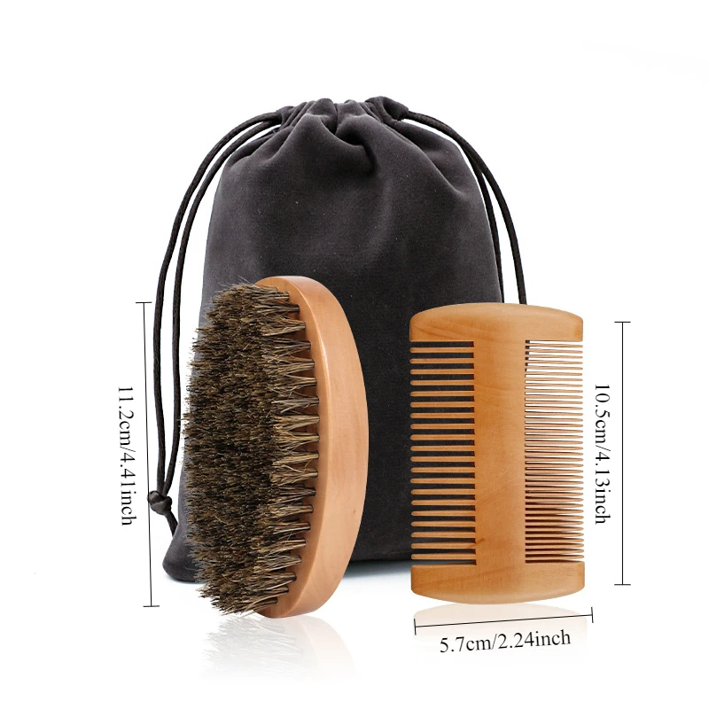 2 قطعة المهنية لينة شعيرات الخنزير الخشب اللحية الحلاقة فرشاة الرجال الشارب طقم مشط مع شنطة هدايا تصفيف الشعر فرشاة أمشاط الشعر