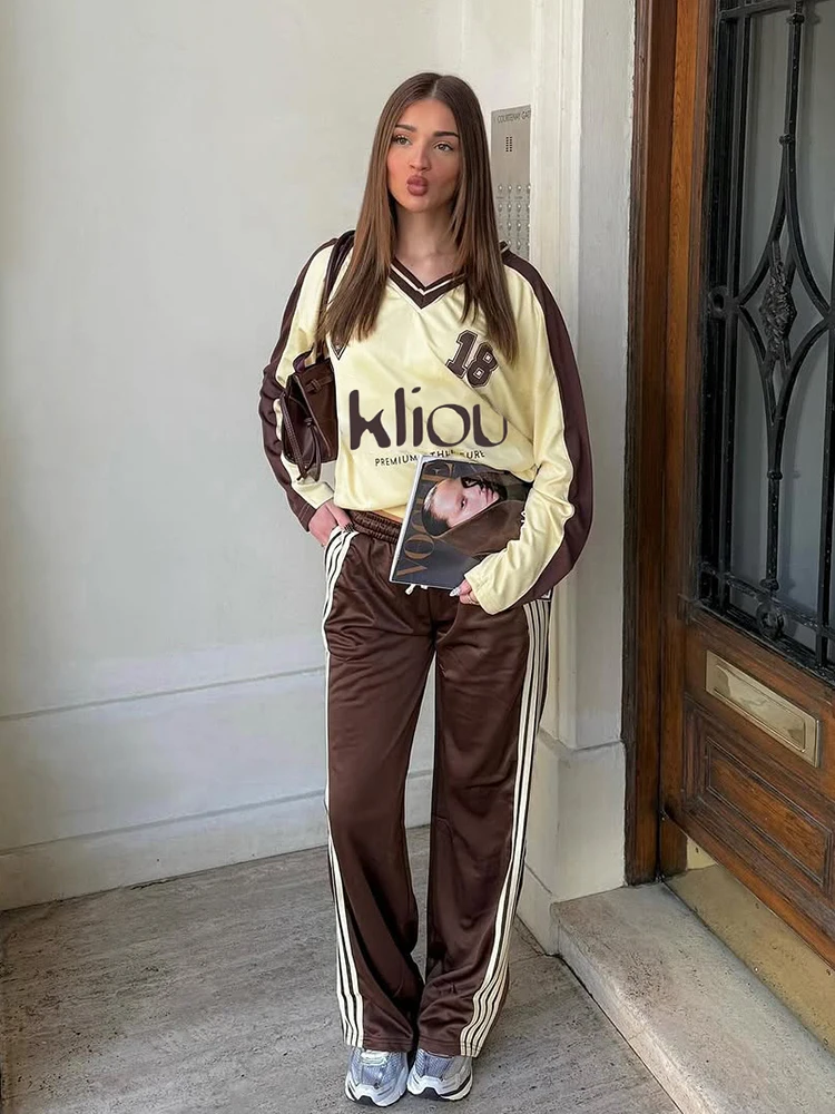 

Cutenew модная футболка с буквенным принтом, женская модная шикарная лоскутная футболка с v-образным вырезом и длинными рукавами, повседневная повседневная спортивная уличная одежда, эластичные футболки