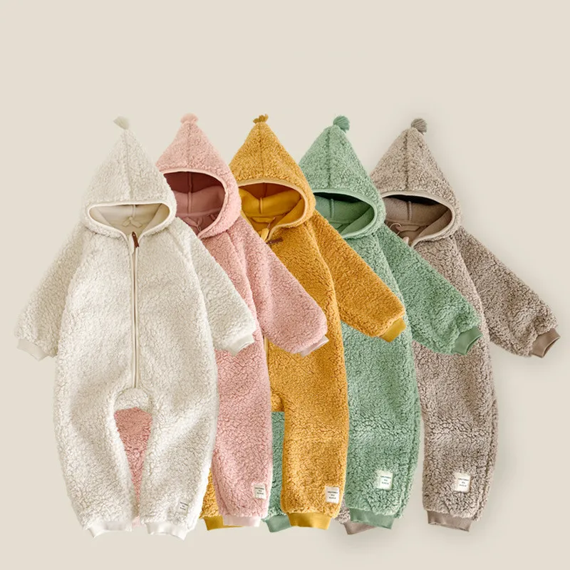 2024 Newborn Autumn Winter Jumpsuit Soft Warm Romper Girl Boy Baby Hooded Zipper Rompers Solid Color Toddler Clothing