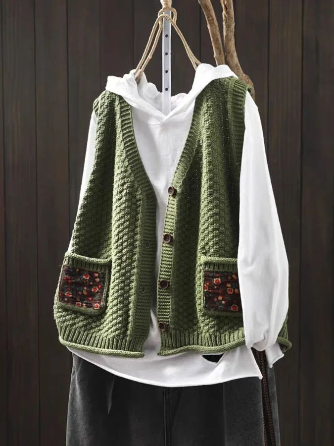 

Casual V-ne Knitted Vest Women's Autumn Faion Patchwork Sweater Open Cardigan Top Cotton 70% Other 30% Material