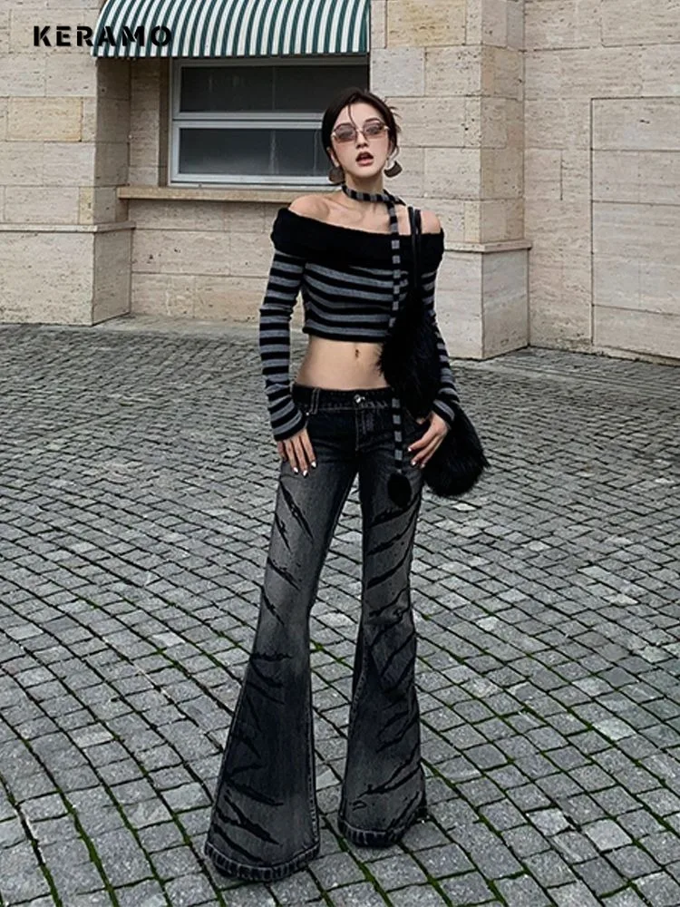 

Dark Goth Style Sheath High Waist Flared Jeans Slim Fit 2000s Hight Street Retro Y2K Pants Women's Vintage Sexy Denim Trouser