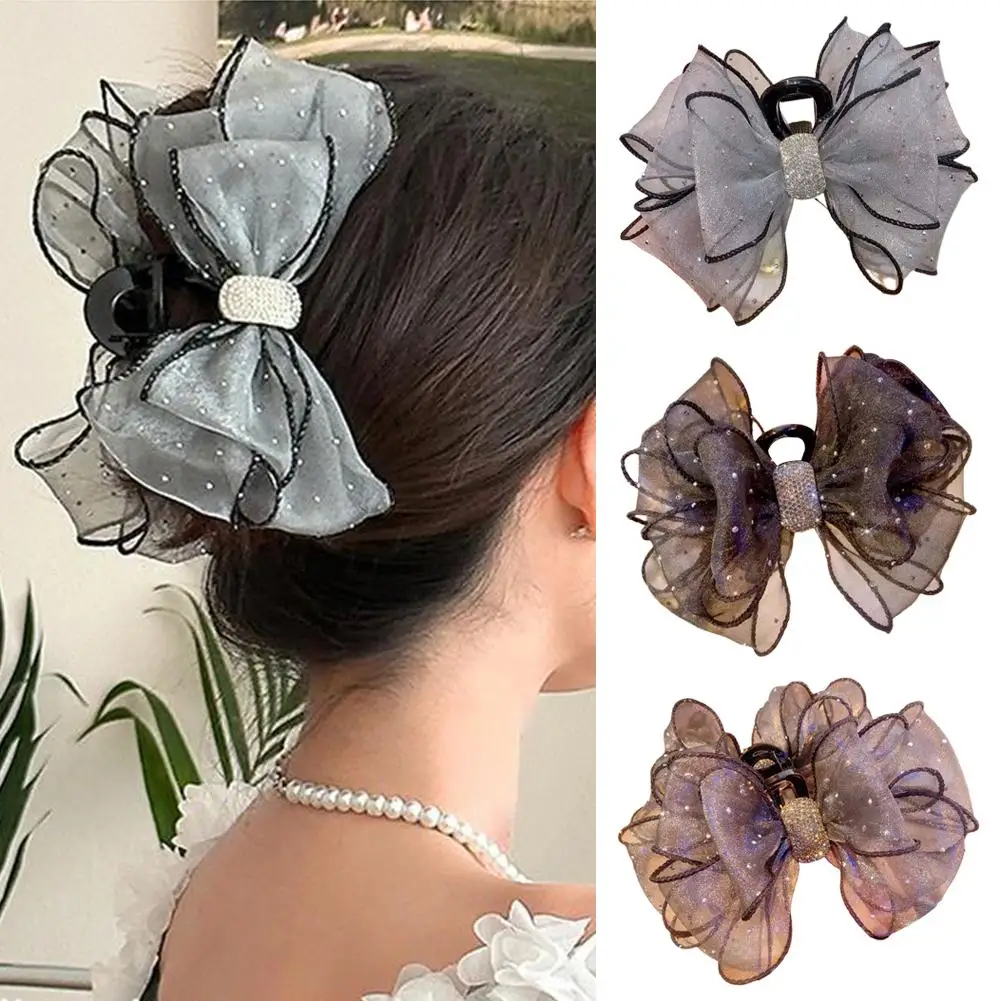 

Rhinestone Bow Mesh Clip For Women's Back Of Head Hair Shark Clip Elegant Princess Hair Accessories All-match Headdress L1F5