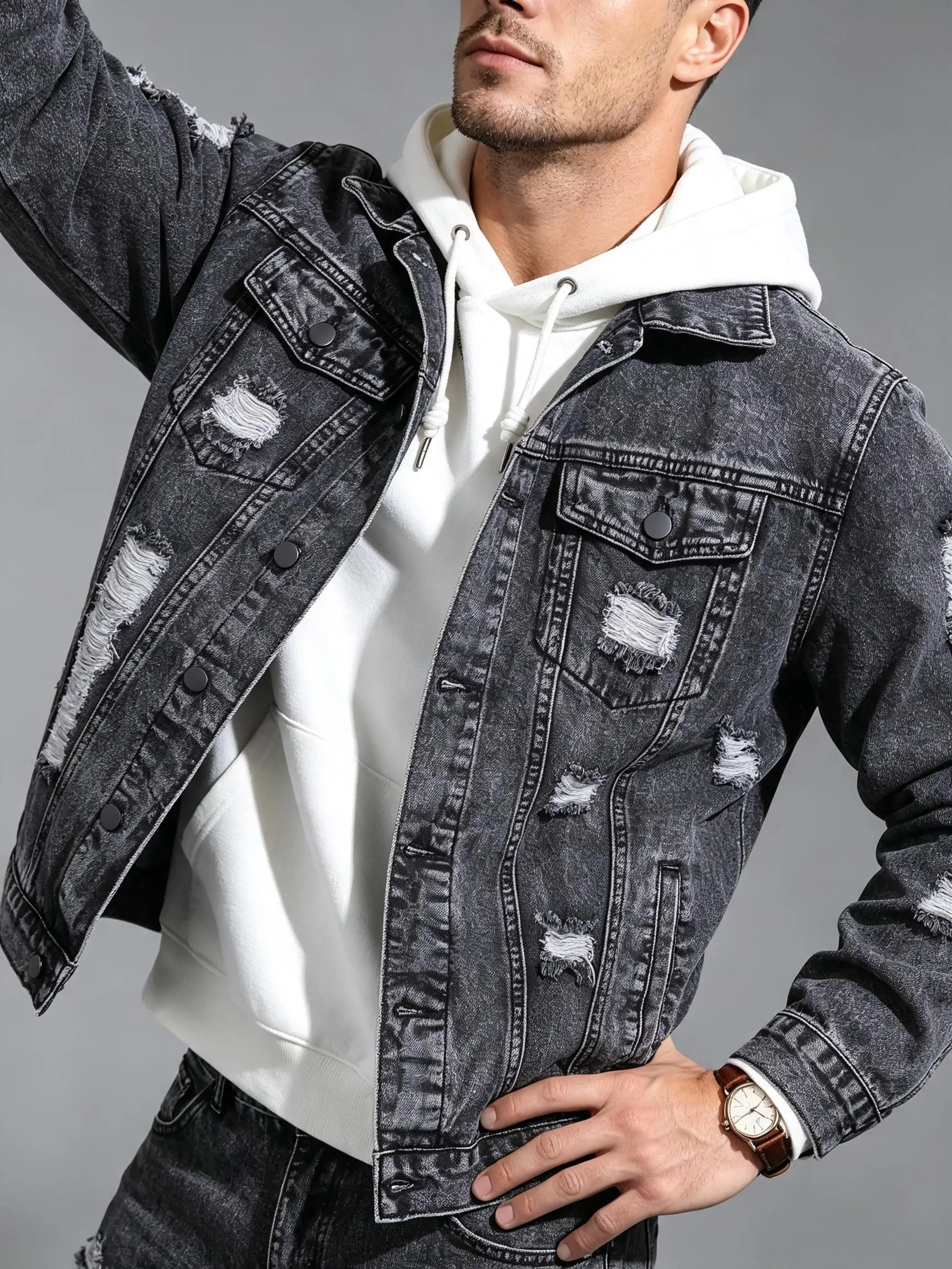 Immagine 6: Giacca in denim da uomo a vestibilità ampia con bordi sfrangiati in stile Y2K, giacca streetwear alla moda, regalo carino per il tuo partner.