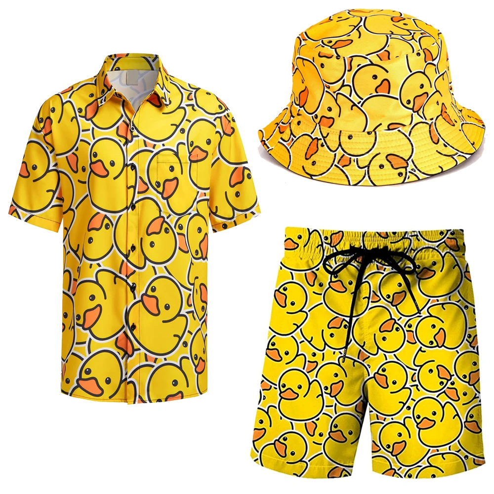 Men's 2 Piece Tracksuit 80s 90s Outfit Printed V Neck Shirts Shorts Set with Bucket Hats Summer Beach Halloween Christmas Suit