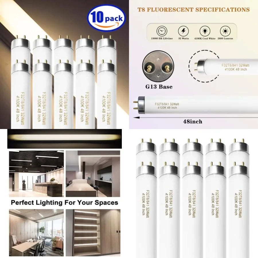 F32T8/841 32W 48 Inch T8 Fluorescent Tube Light Bulb, T8 Fluorescent Bulbs 4 Foot, 4ft Light Bulb, 4100K Cool White, 2850 Lumen