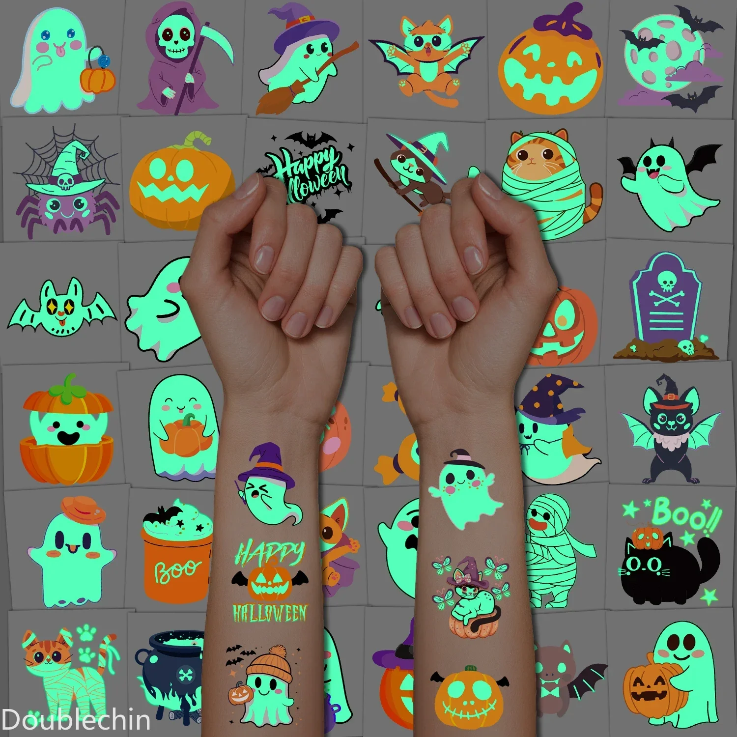 Glow-in-the-Dark Halloween Temporary Tattoos, with a variety of patterns, are suitable as party decorations and gifts，36 sheets