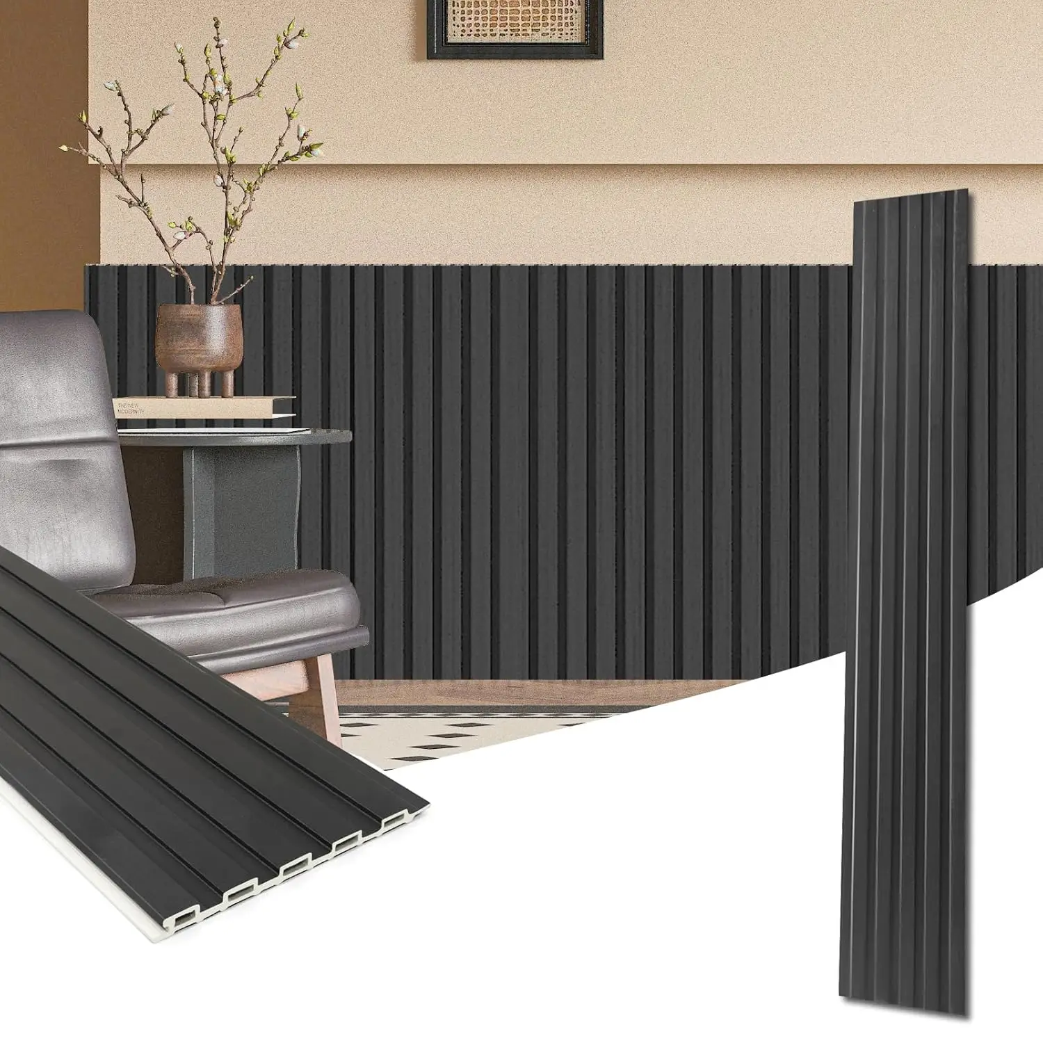 

WPC Wainscoting Panels, 16-Pack 48 x 6 Inch 3D Wall Accents for Interior Wall Decor, Living Room, Bedroom, Black