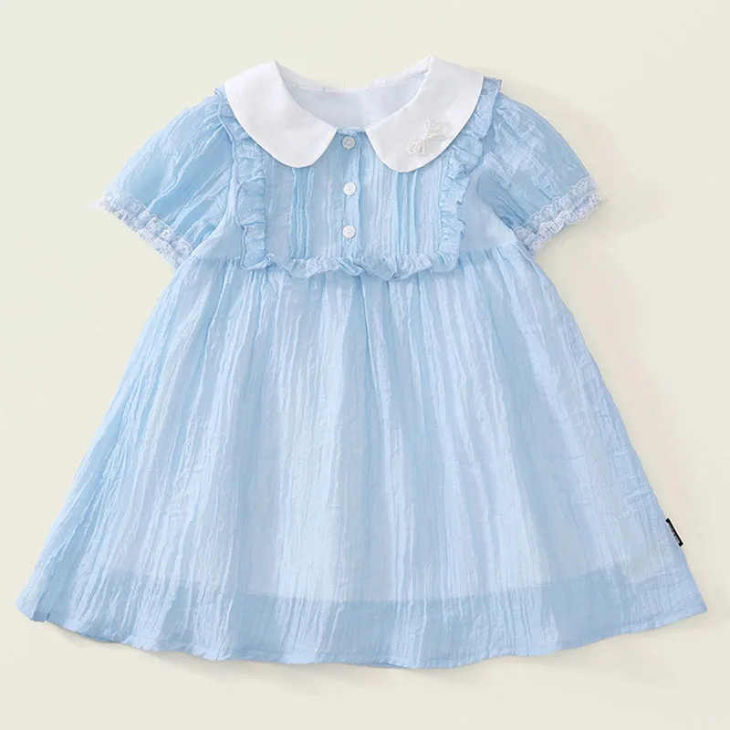 

Summer Costume Kids Clothes Girls Korean Fashion Cute Doll Collar Short Sleeve Blue Birthday Princess Dress Baby Dresses B179