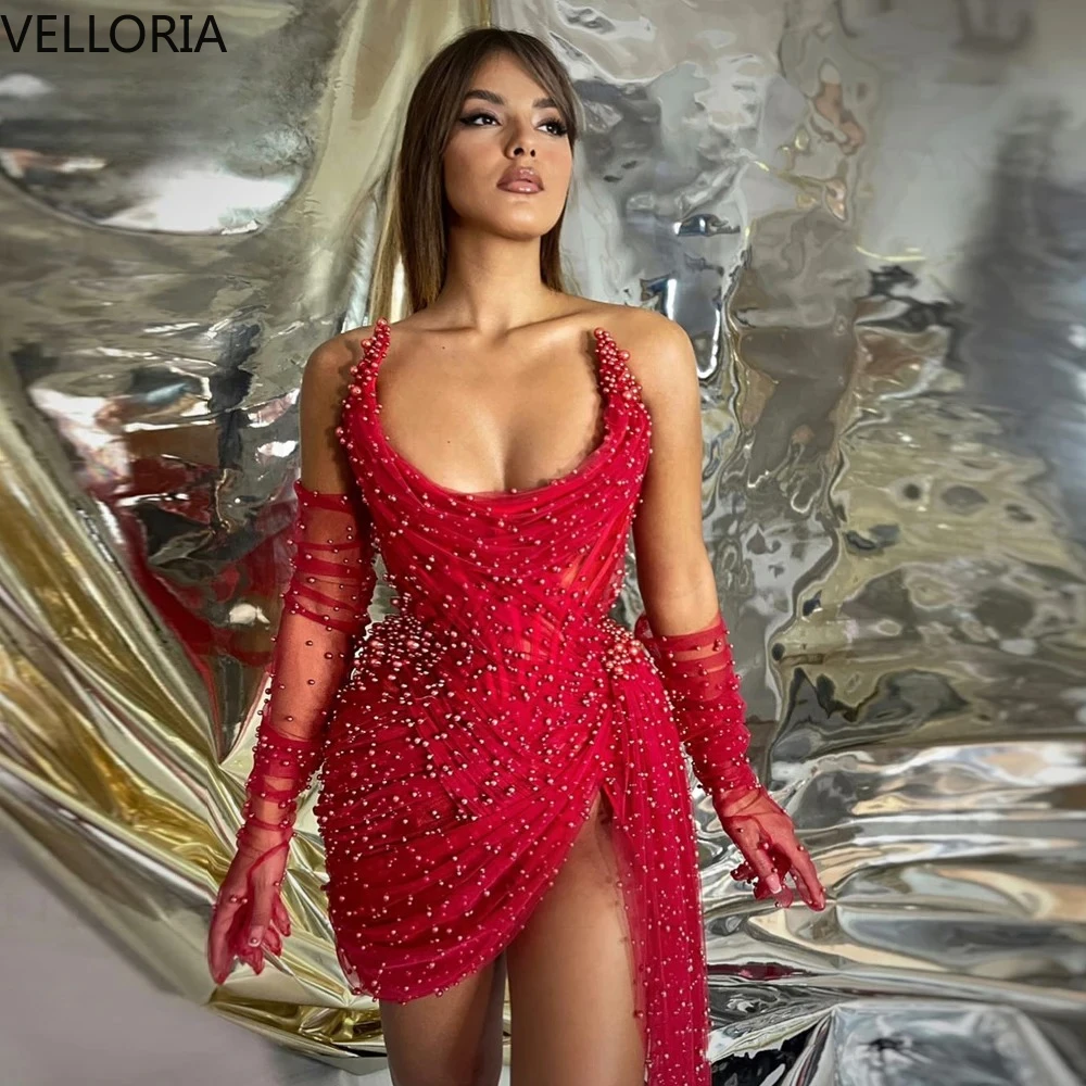 Rode formele avondjurk met pailletten kralen ronde hals bodycon hoge split lange mouw handschoen galajurk feestkleding voor dames op maat