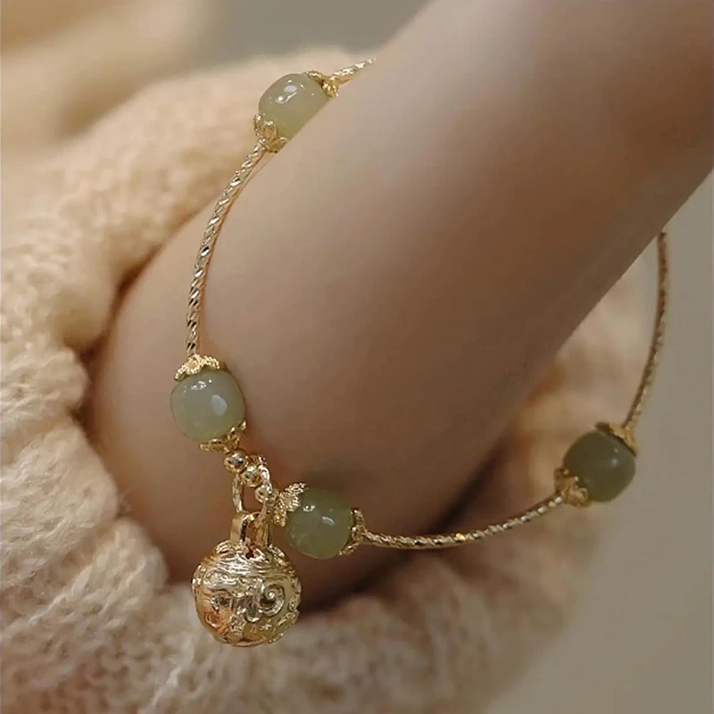 Fashionable Exquisite Trendy Green Imitation Jade Beaded Bracelet For Women Elegant Sweet Court Style Banquet Daily Jewelry