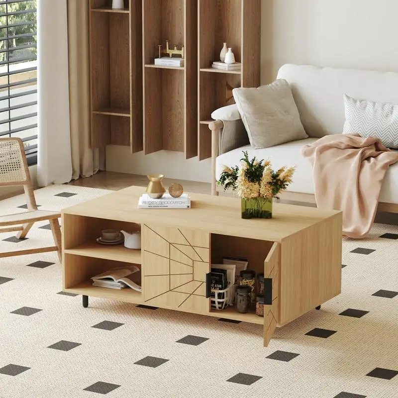 طاولة قهوة MDF حديثة مزخرفة على شبكة العنكبوت - فن هندسي وتصميم عملي بألوان خشبية طبيعية، 43.3 × 23.6 × 17.8 بوصة -