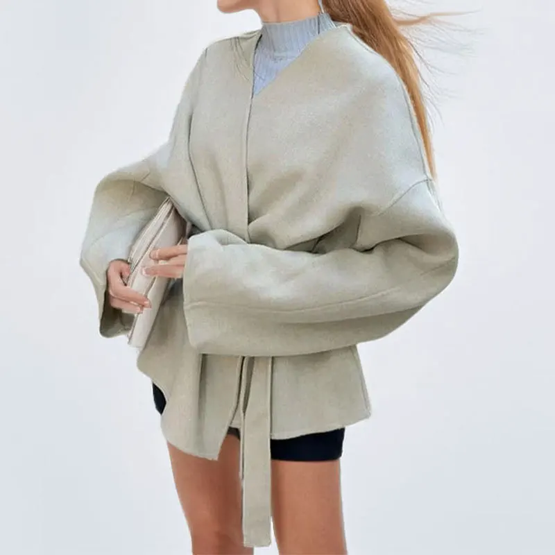 2024 V-neck Lace-up Coat Women Solid Color Long Sleeved Short Coat Female Stylish High Street Loose New In Outerwears