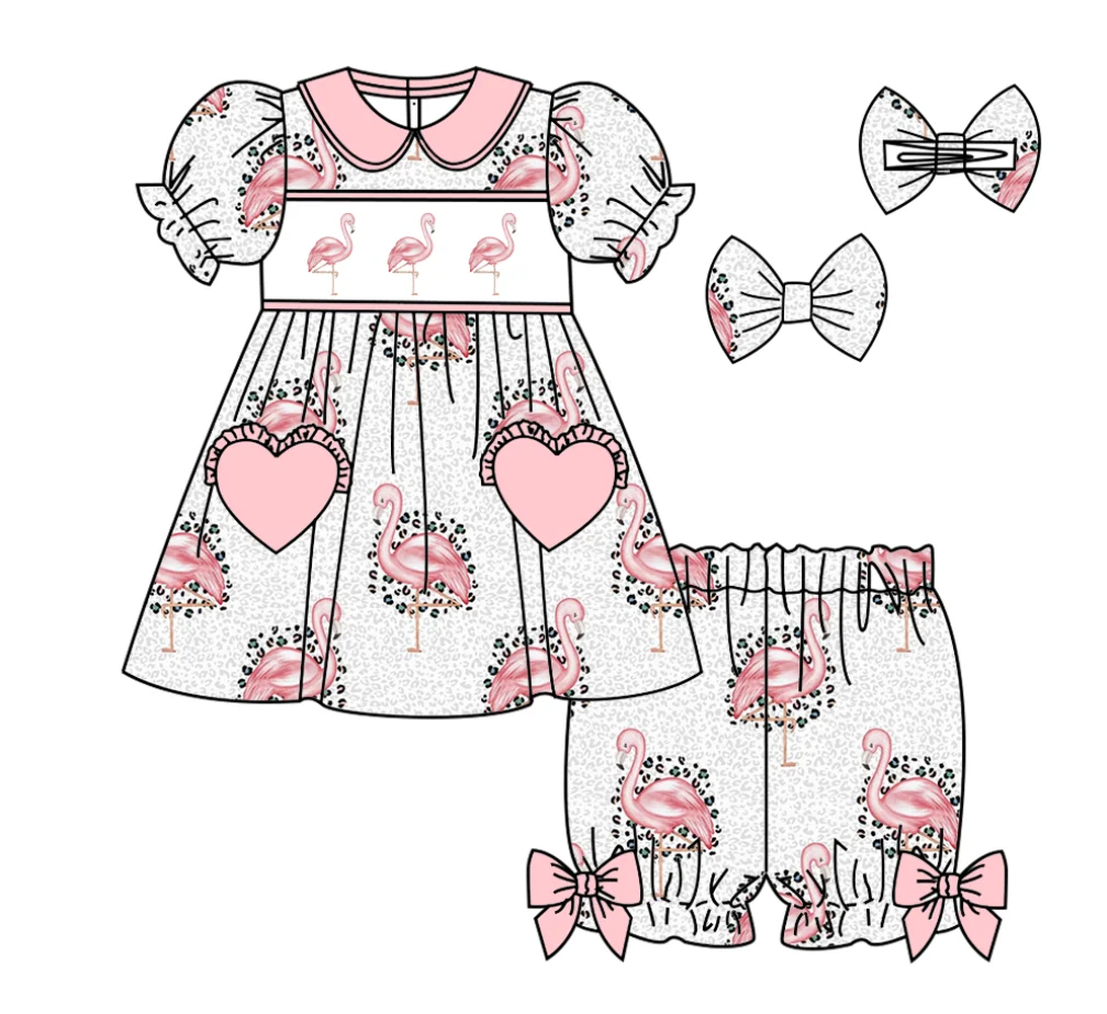 

Girls Summer Short-sleeved Shorts Cartoon Animal Print Pink Love Pocket Matching Bow Boutique Pajamas Two-piece Set