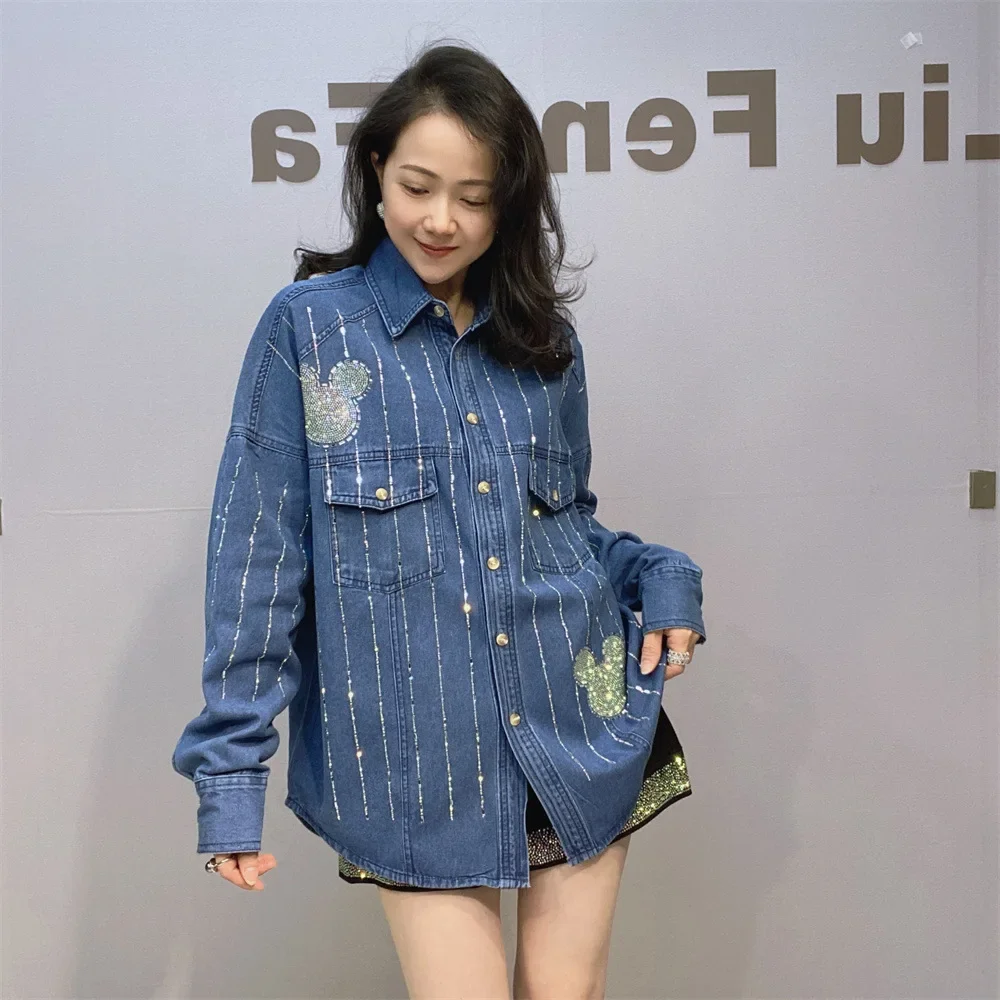 Blingbling Vertical Stripes Hot Drilling Long Sleeve Denim Shirts Turn-down Collar Loose Cardigans Coat Diamonds Casual Jean Top