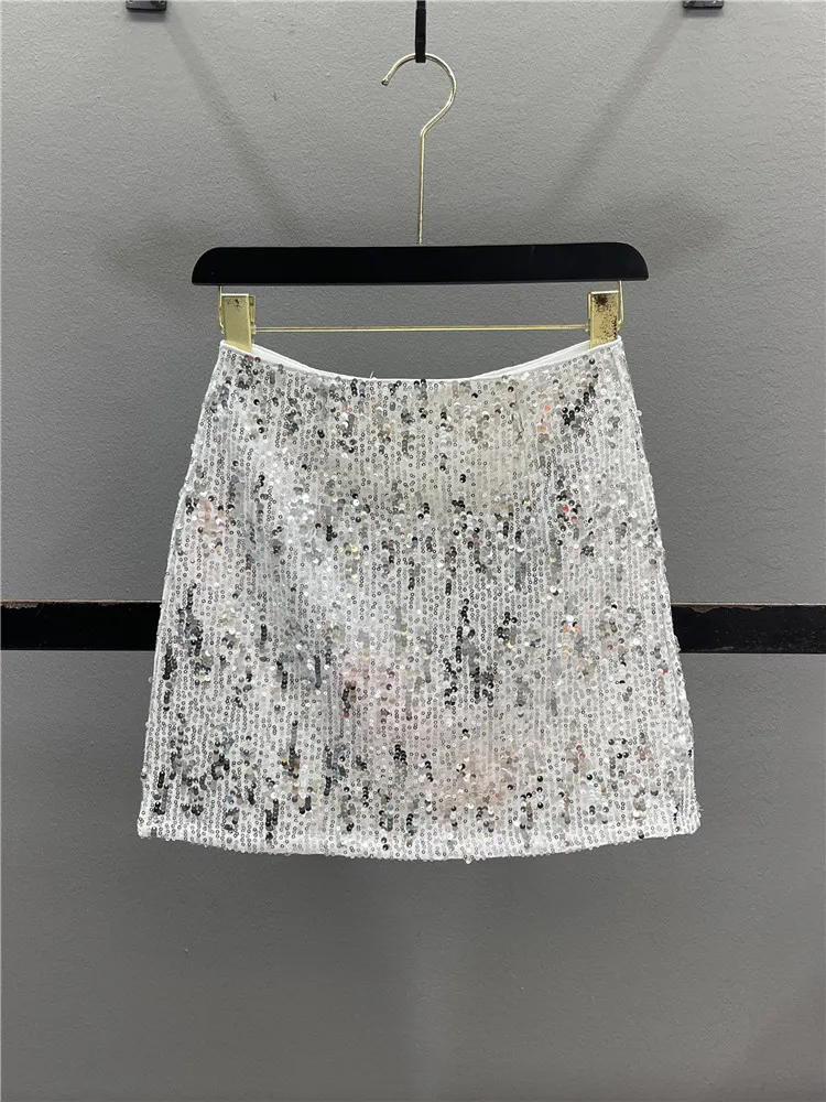 Heavy Embellished Silver Sequin High Waist Short A-Line Skirt Women's Summer Slimming Sexy Half-length Casual Skirt