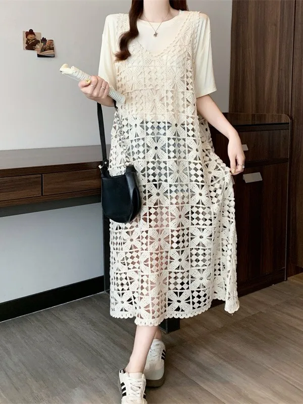 

n Sle Two-Piece Women's Summer Casual Trendy V-Ne ort Sve T-irt And Vest Dr Outfit Large Size plus Mm Sl...