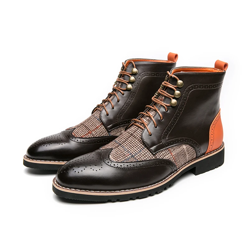 2026New Men's High Top Boots Retro Carveing Brock Shoes Fashion Business Dress Boots Mens Casual Leather Boots Botas Para Hombre