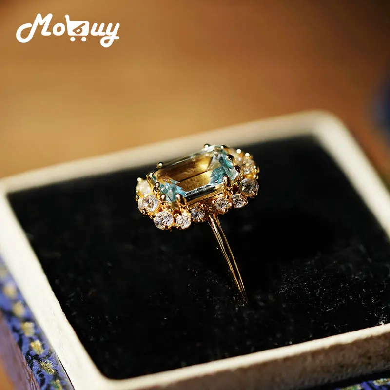 MoBuy Vintage Gemstone Ring Natural Topaz Rings 925 Sterling Silver Blue Topaz Gold Plated Wedding Engagement For Women RI190