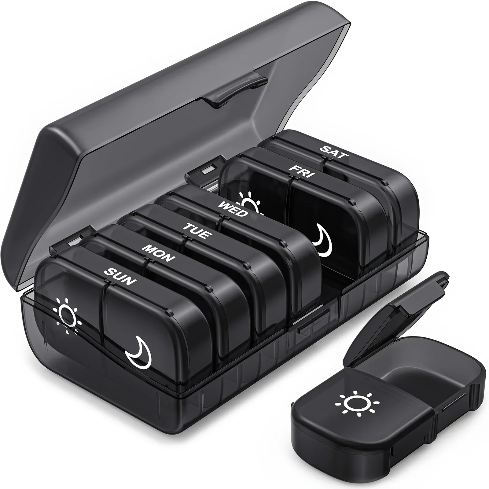 

Weekly Pill Organizer 2 Times a Day, Pill Box 7 Day with One-Side Large Openings, Black Privacy Protection AM PM Pill Case