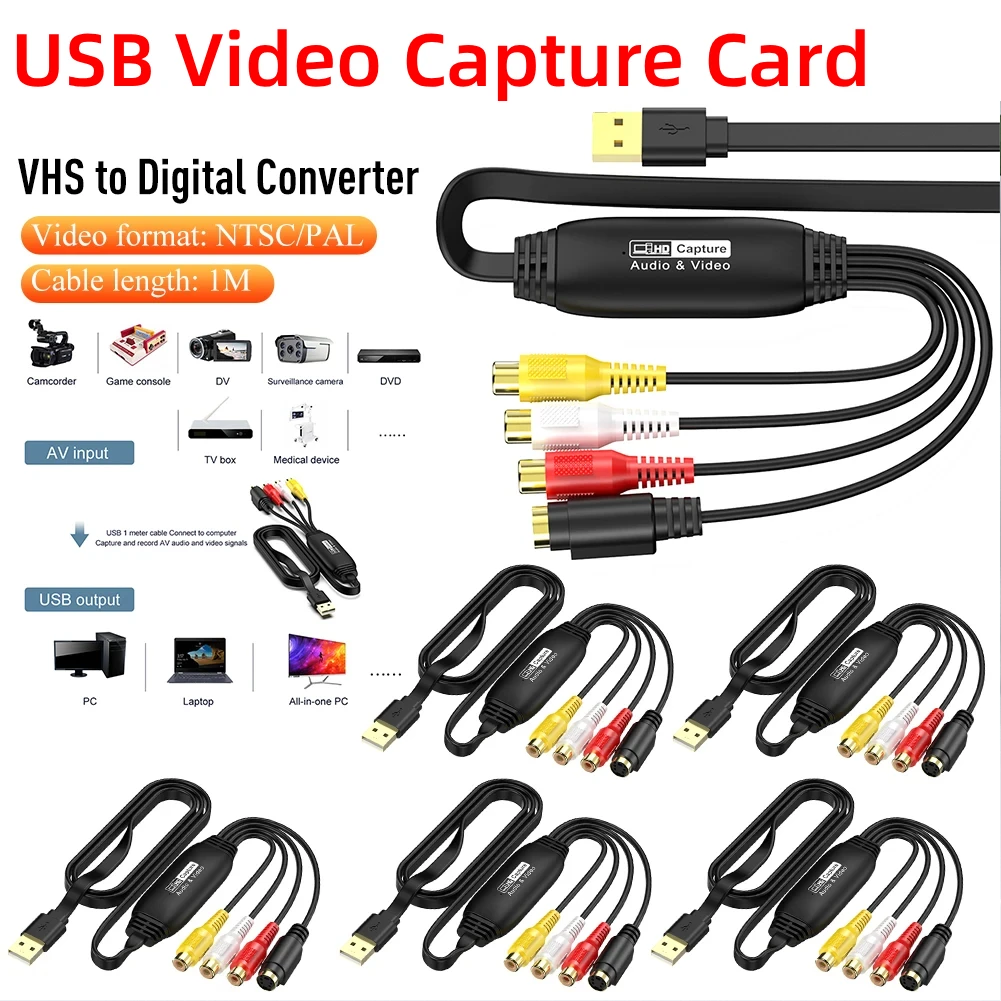 USB Driver-Free AV Video Capture Card RCA/S-Video 1080P Signal Capture for VHS/DVD/Game Console Live Stream/Recording
